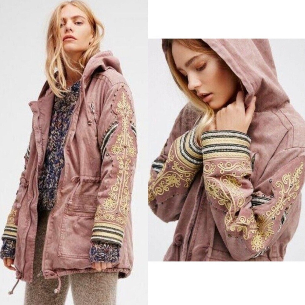 Free People Embellished Golden Quills Jacket Medium Rare Pink Mauve We The Free